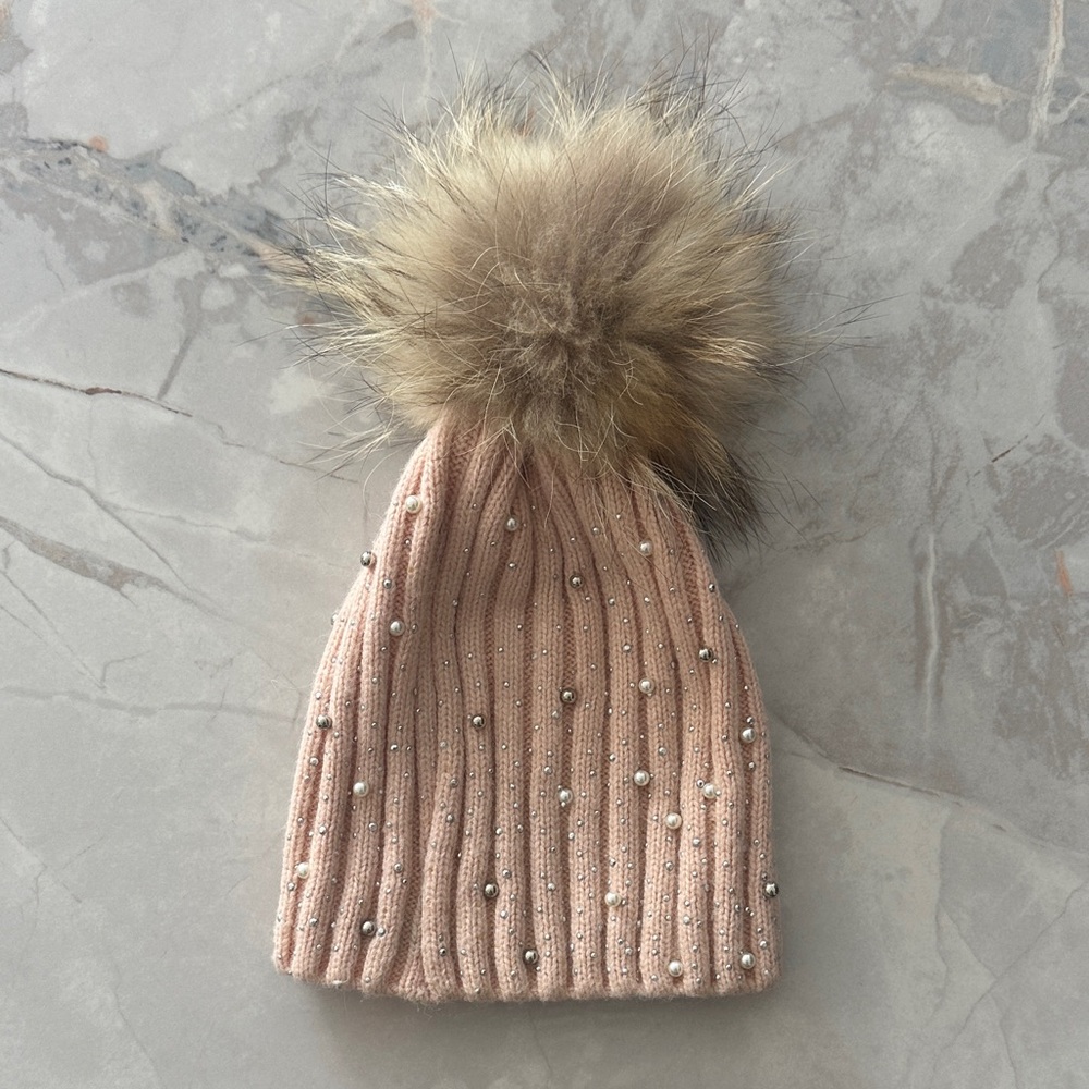 Elegant Baby Pink Beanie Hat with Genuine Fur Pom